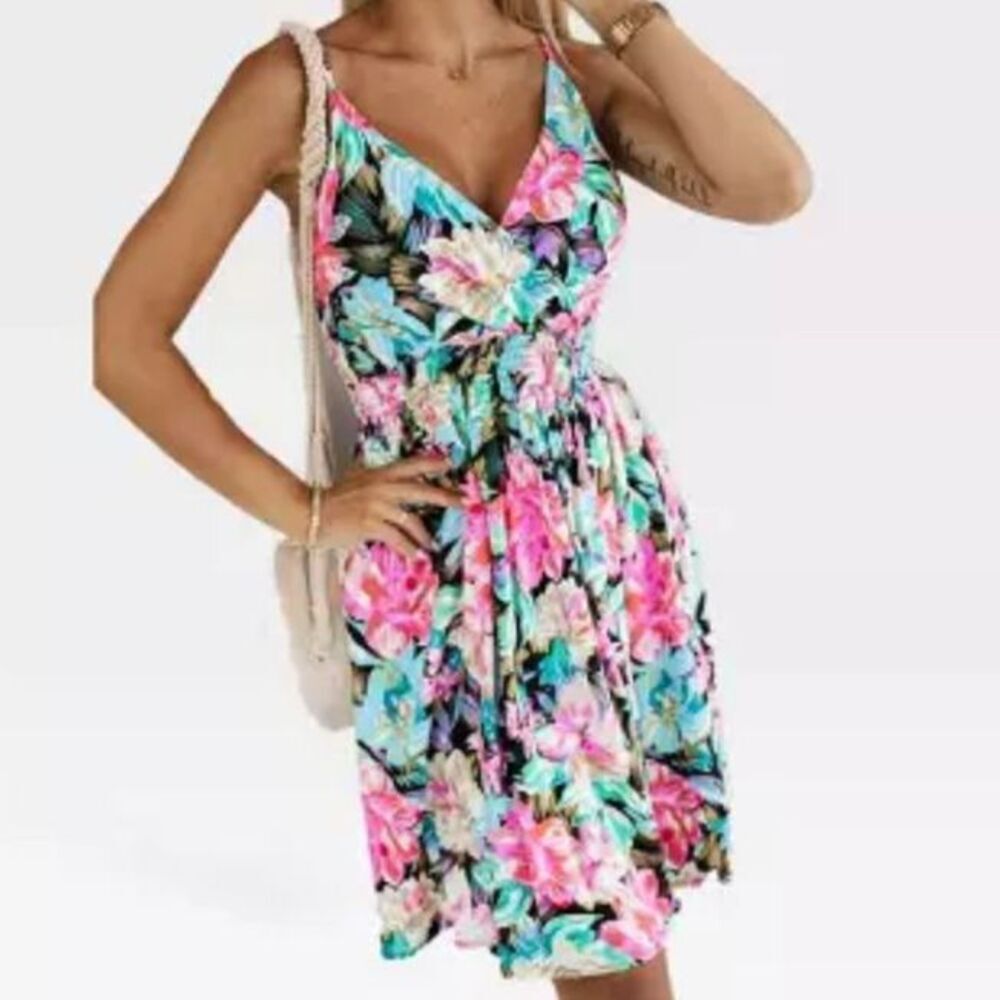 Floral Spaghetti Strap Sundress with Shirred Waist - XL